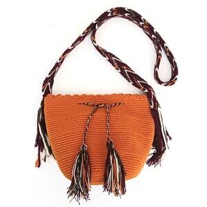 Wayuu Mochila Woven Small Crossbody Bag Dk Orange Burgundy Tassels